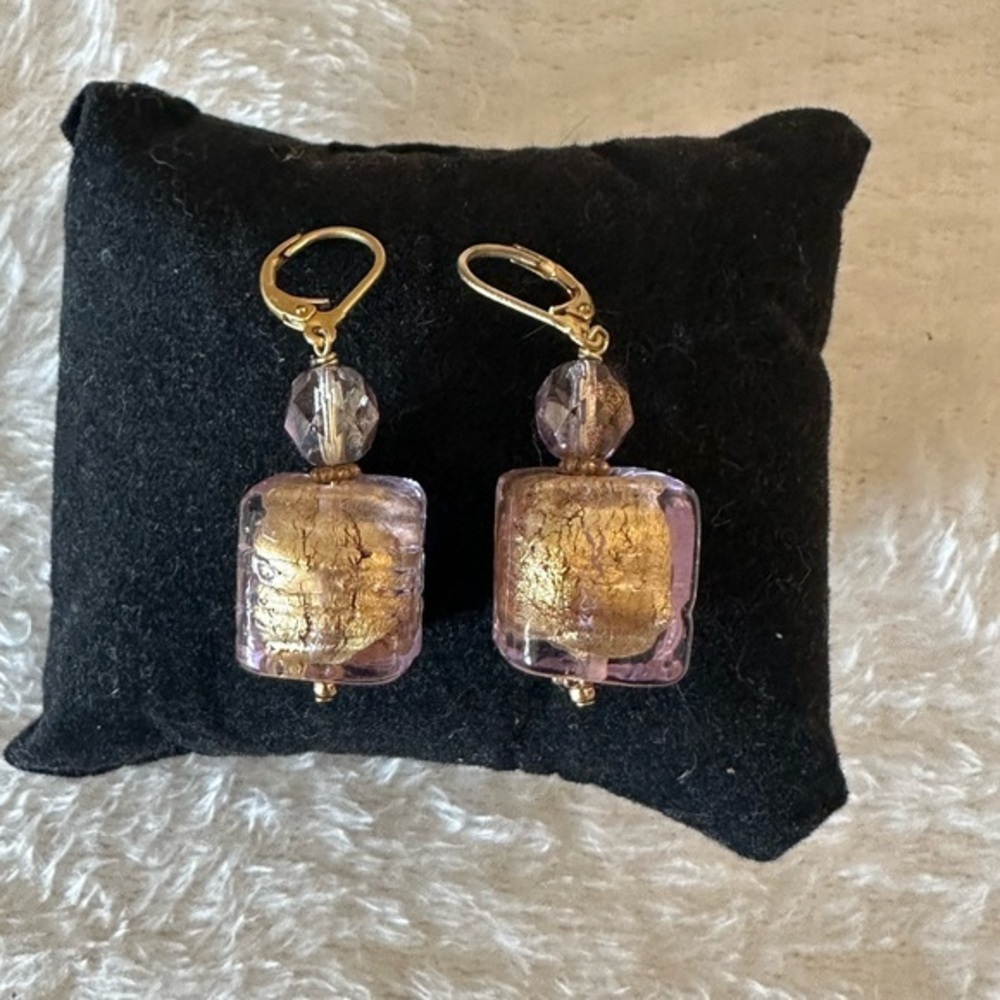 Murano Glass Cube Gold And Purple Earrings